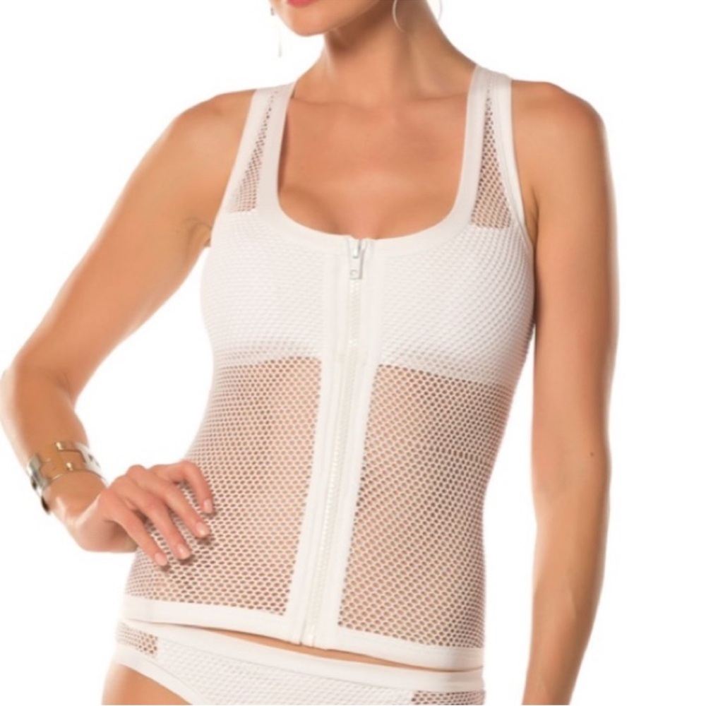 Stylish White Mesh Zip-Up Tank